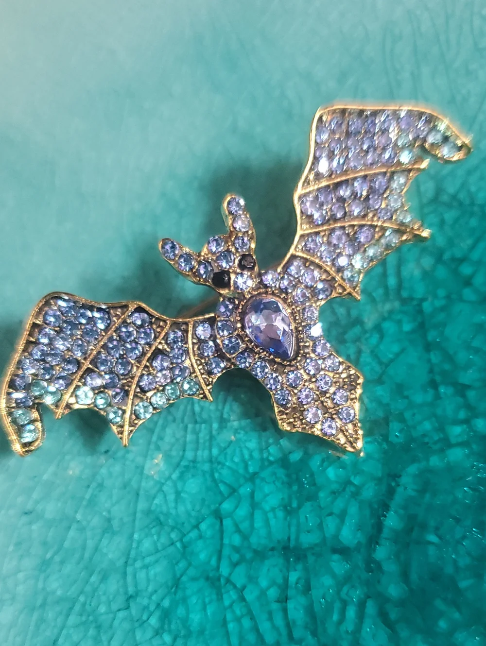 Gold-Tone Blue Crystal Bat Brooch - Elegant Women’s Jewelry D